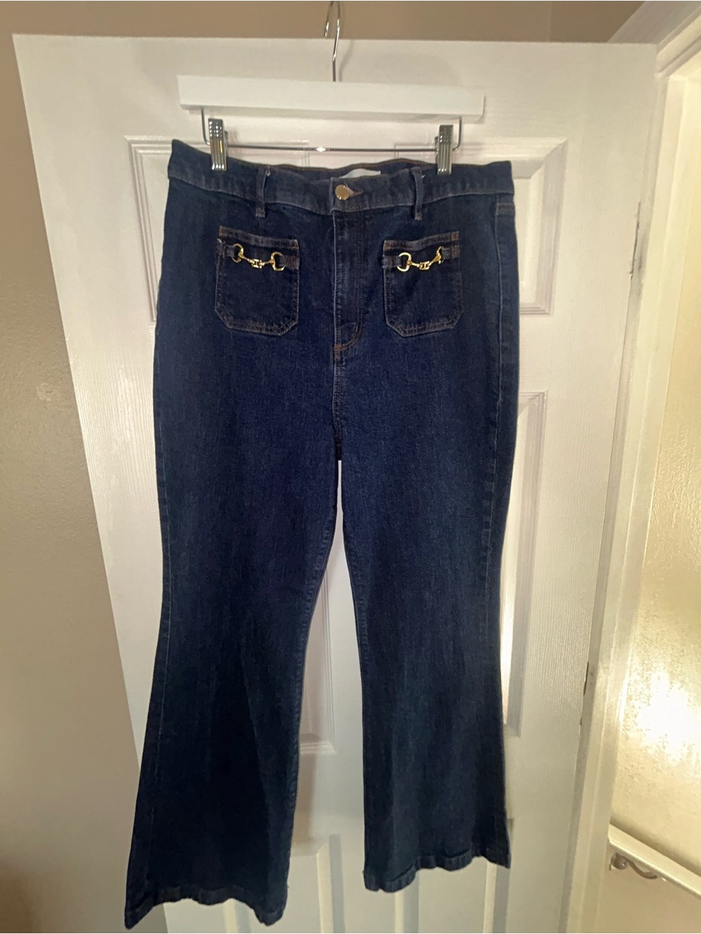 LOFT Dark Blue Flare Jeans with Gold-Tone Pocket Hardware